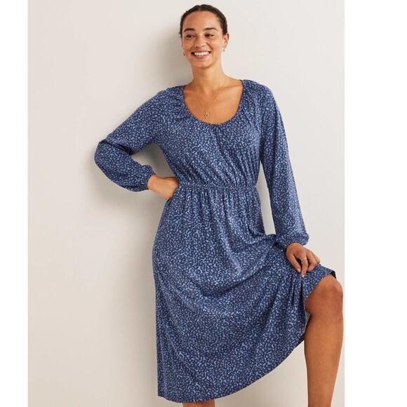 Boden Scoop Neck Jersey Midi Dress Riviera Blue Floral Elastic Waist Long Sleeve - Picture 6 of 13